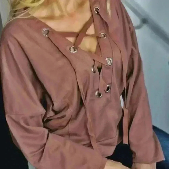 LANGLEY Lace up Grommet Top - Clay - Picture 1 of 5